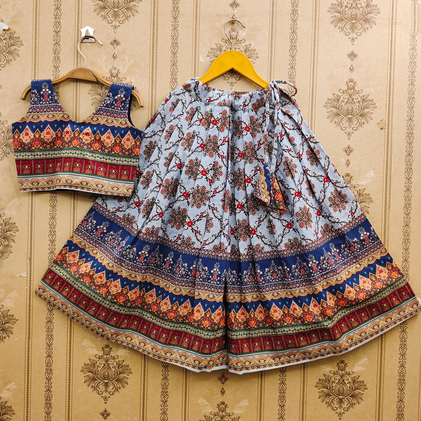 Elegant Ajrakh Blue Kids Lehenga Choli Set – Traditional Festive Wear
