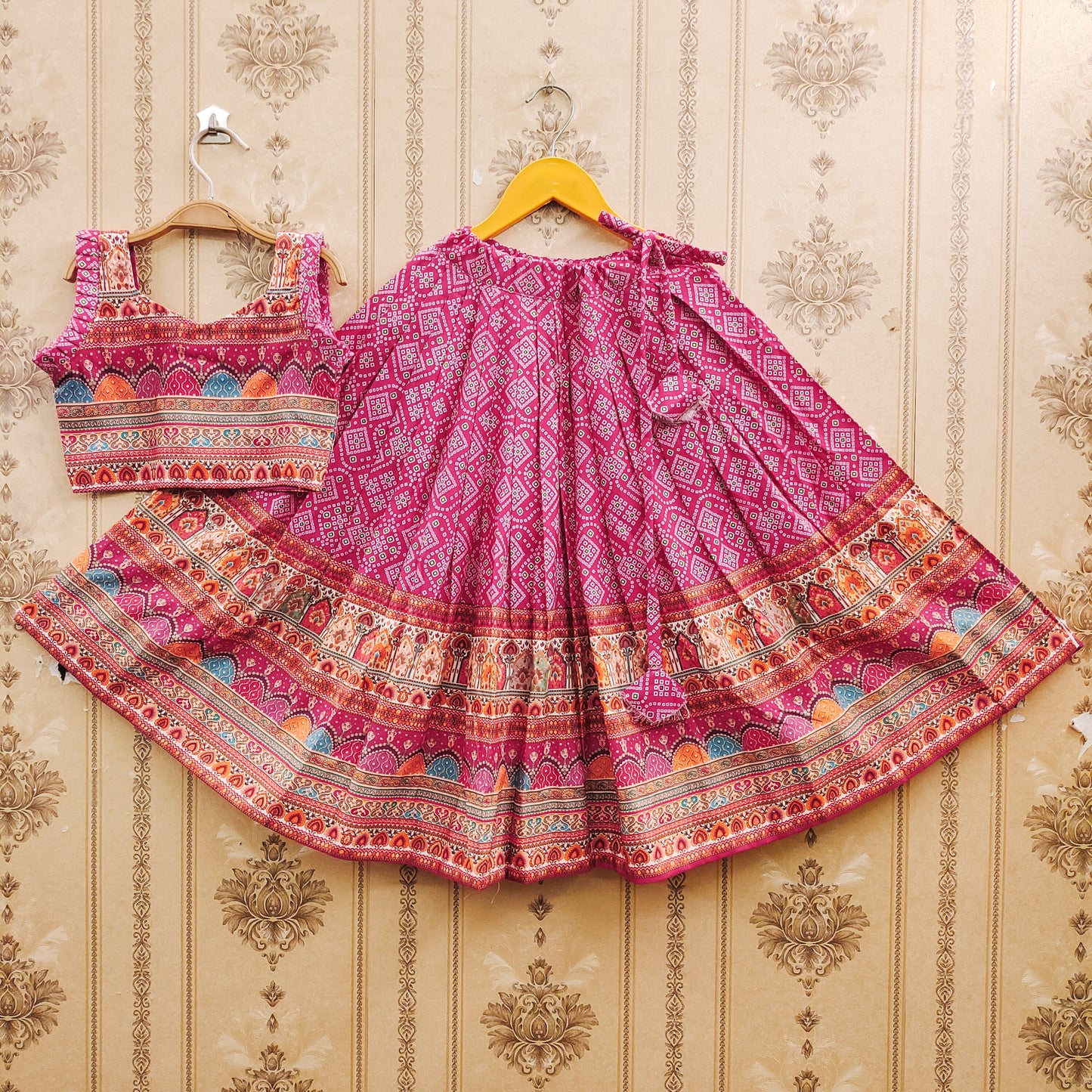 Vibrant Ajrakh Pink Kids Lehenga Choli – Ethnic Charm for Little Divas