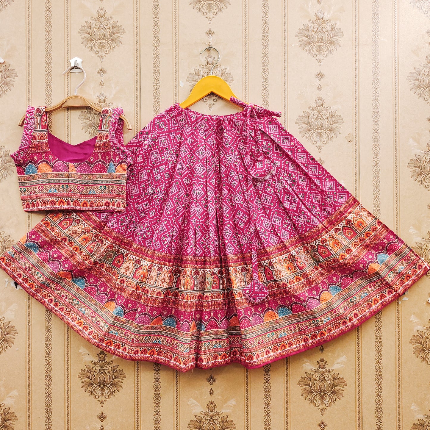Vibrant Ajrakh Pink Kids Lehenga Choli – Ethnic Charm for Little Divas