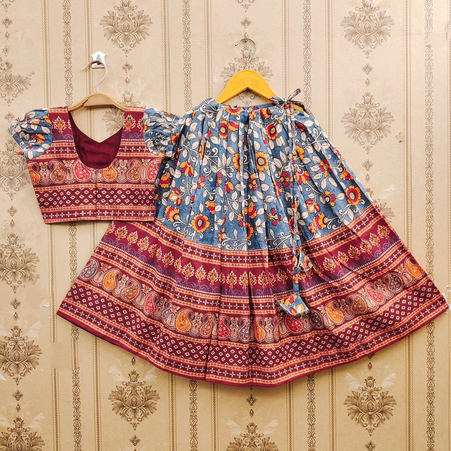 Floral Ajrakh Maroon Kids Lehenga Choli – Boho Ethnic Elegance