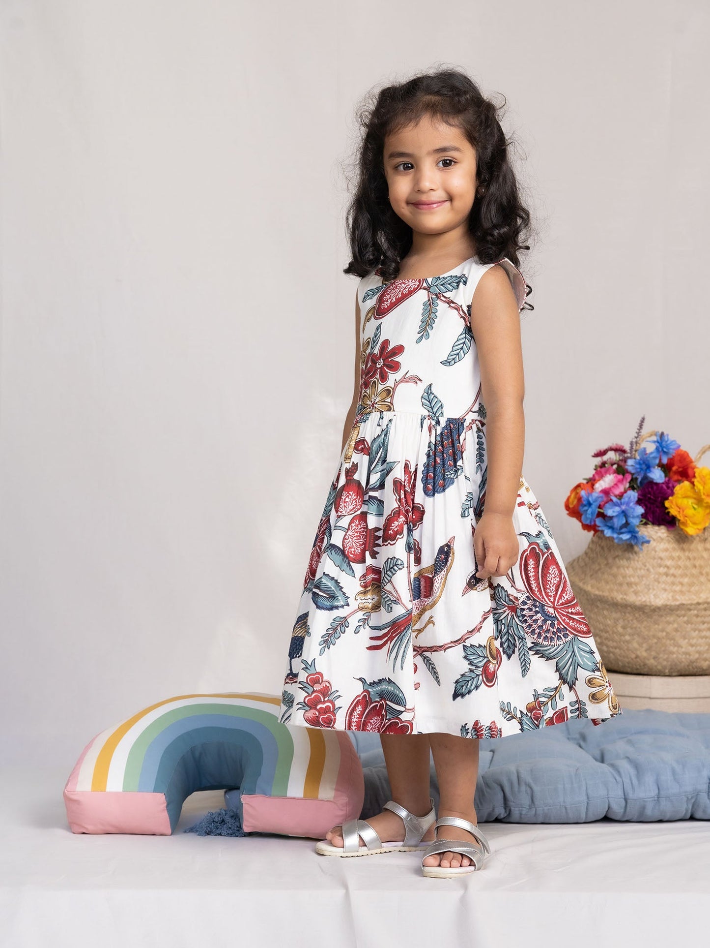Girls' Cotton Sleeveless Floral Midi Dress – White & Multicolor