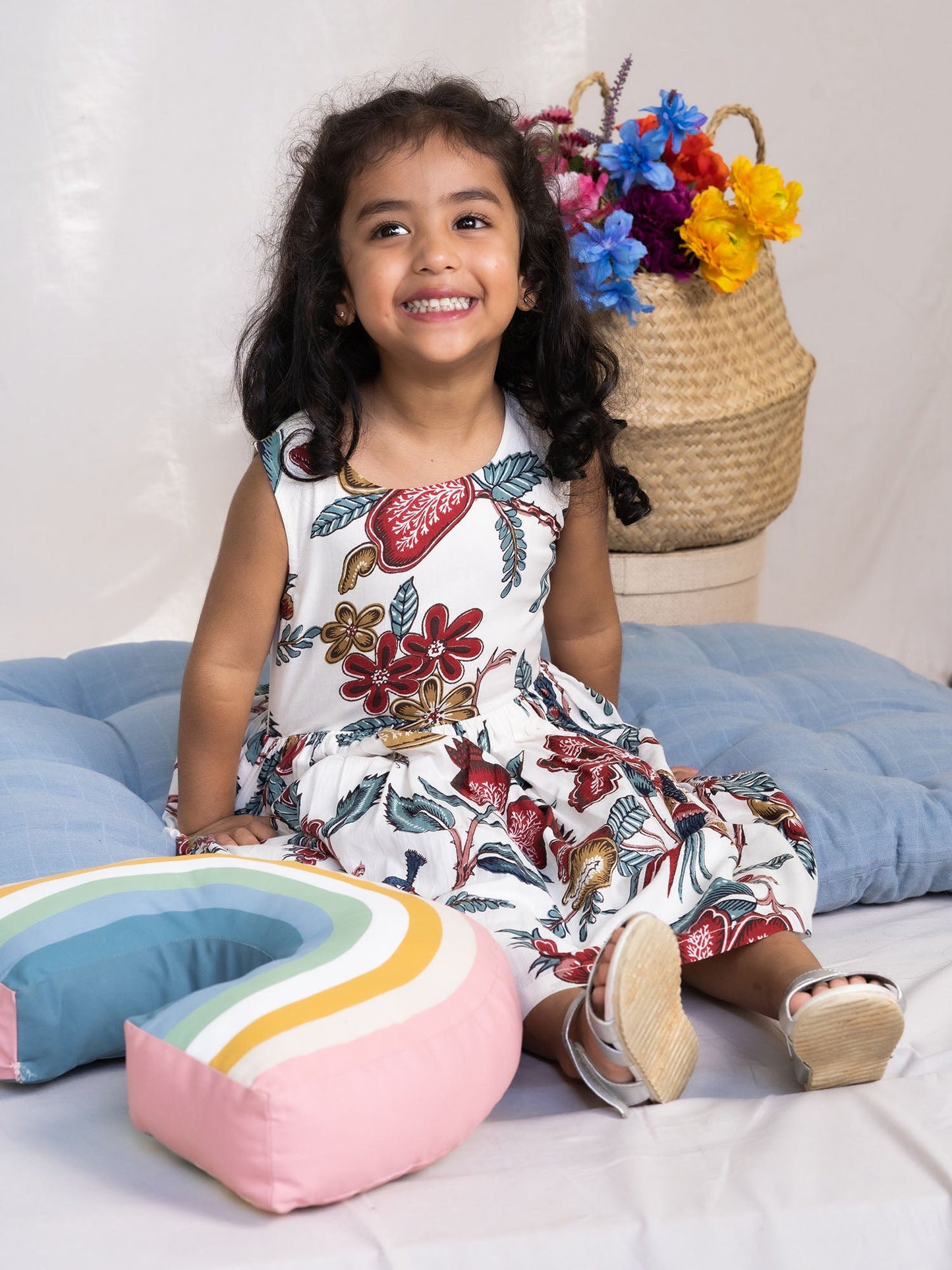 Girls' Cotton Sleeveless Floral Midi Dress – White & Multicolor