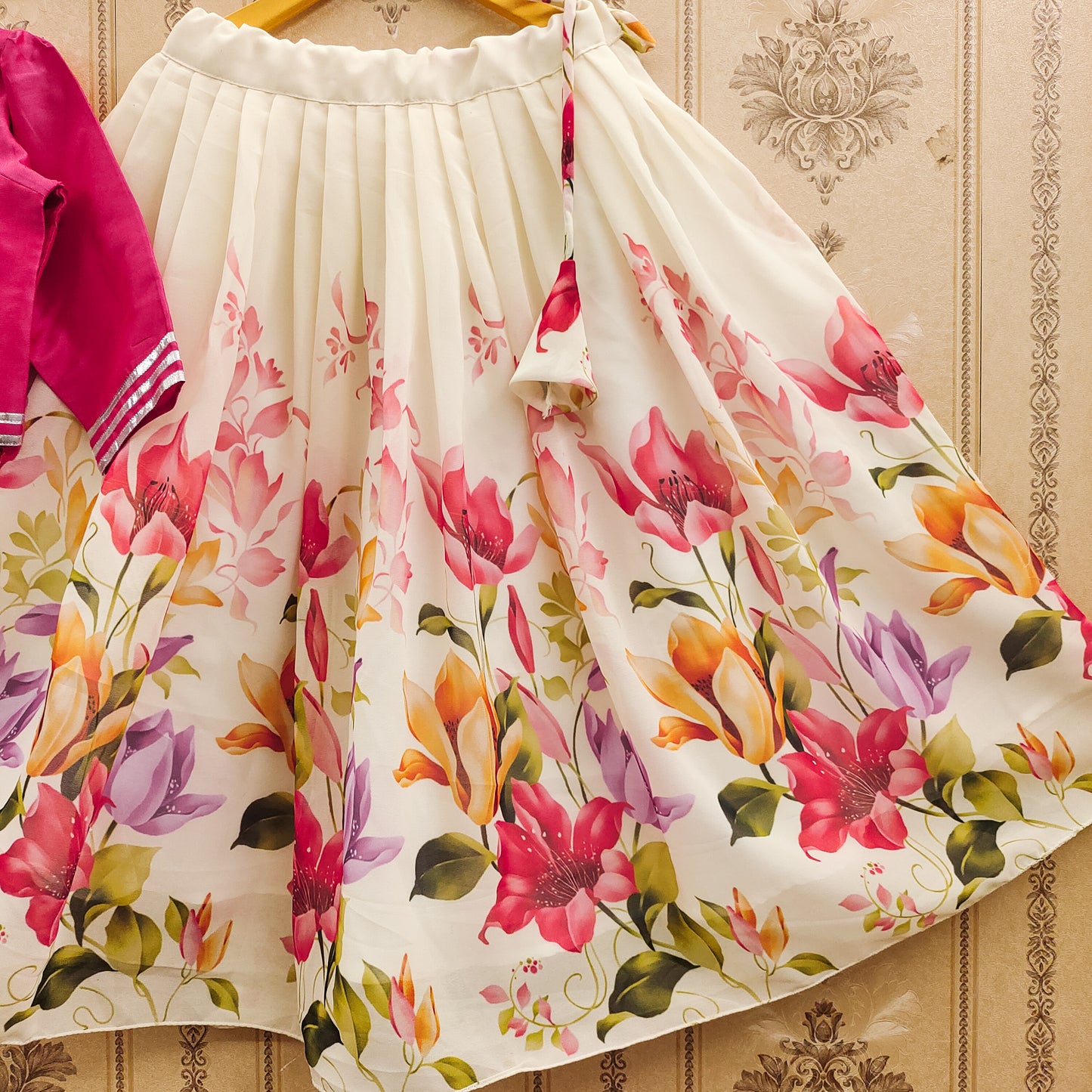 Floral Festive Kids Lehenga Choli Set – Pink | Premium Taffeta Silk & Rayon