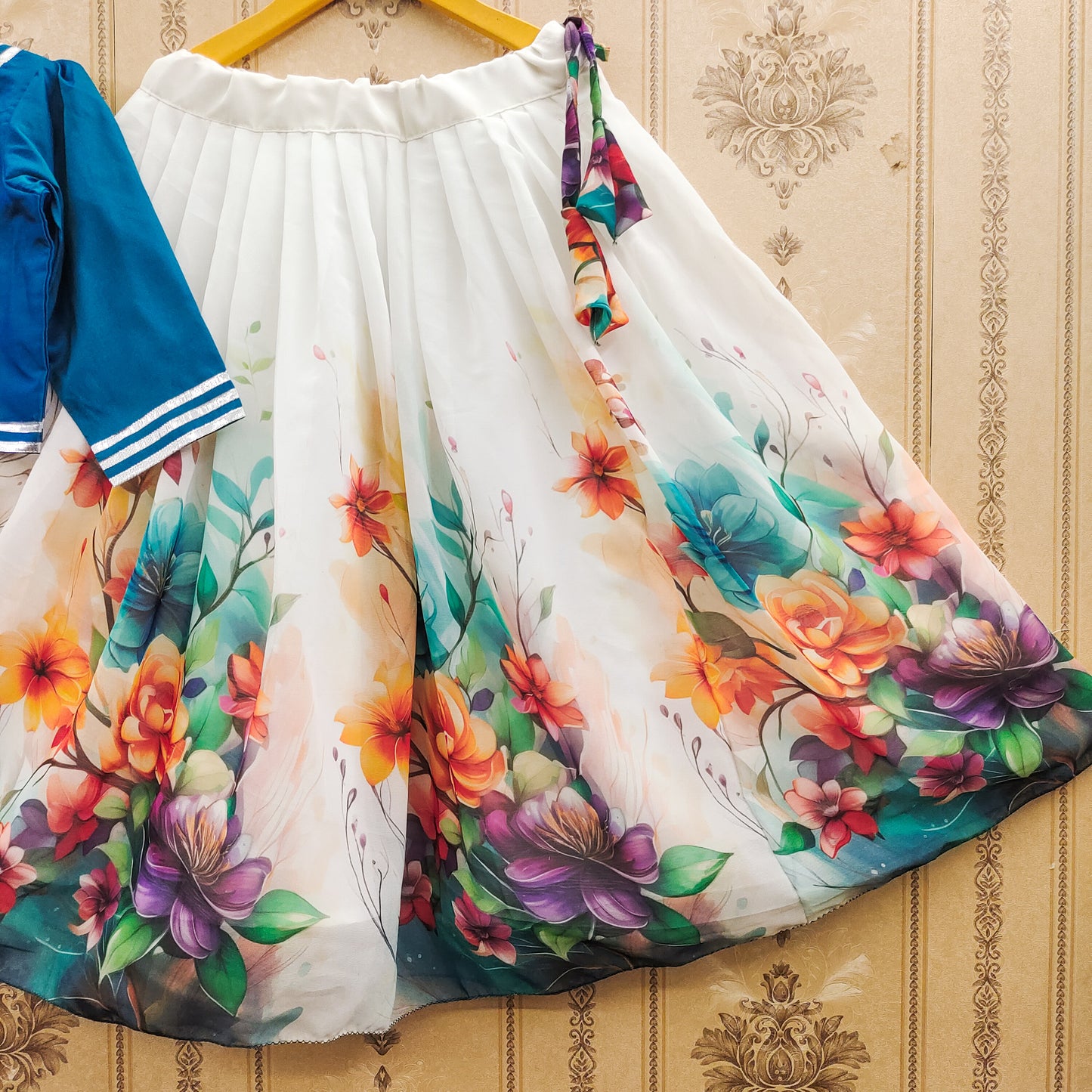 Floral Festive Kids Lehenga Choli Set – Rama | Premium Taffeta Silk & Rayon