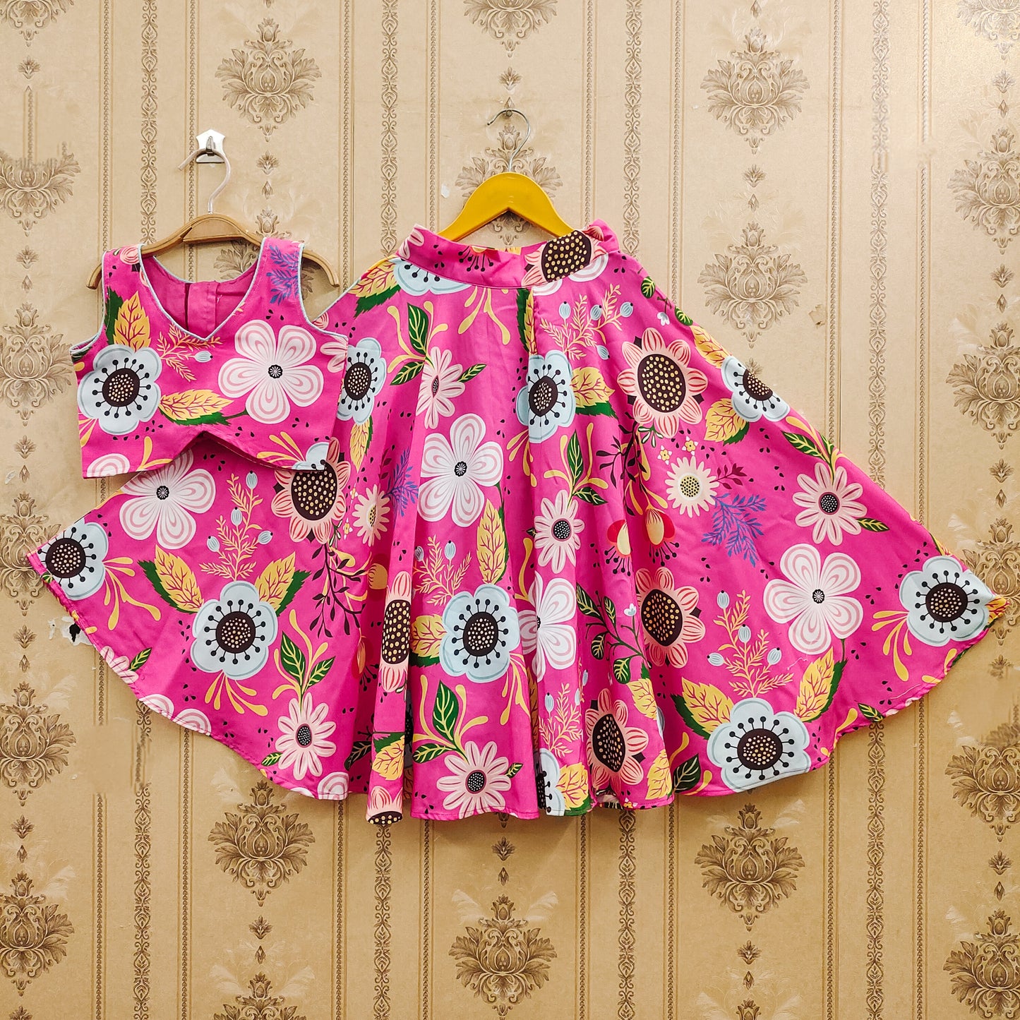 Happy Pink Floral Kids Lehenga Choli โ Rayon Fabric with Crepe Lining
