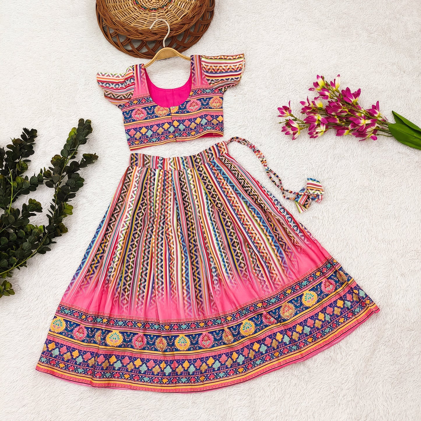 Enchanting Princess Lehenga Choli Set for Little Divas - Vibrant Rayon with Adorable Prints