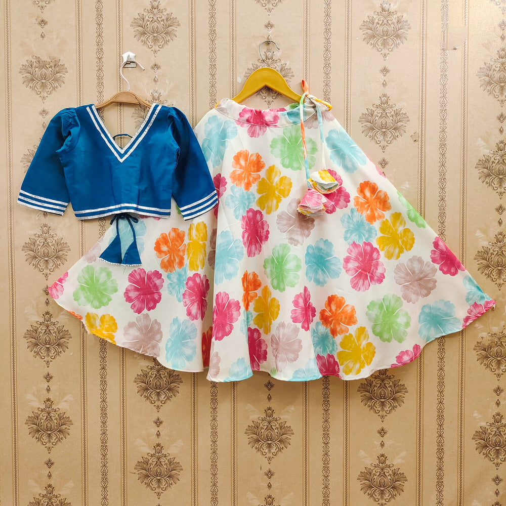 Mithila Girls Blue & White Rainbow Floral Lehenga Choli Set
