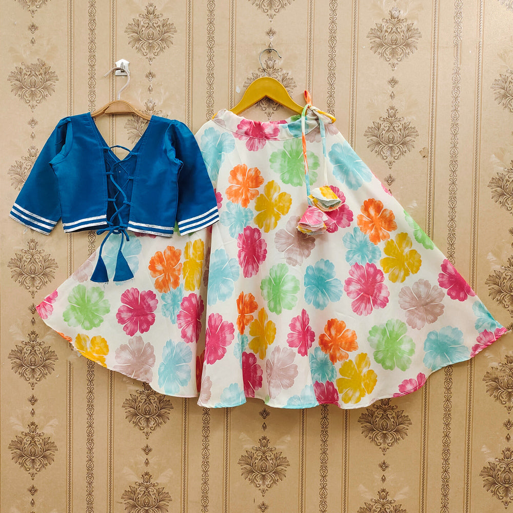 Mithila Girls Blue & White Rainbow Floral Lehenga Choli Set