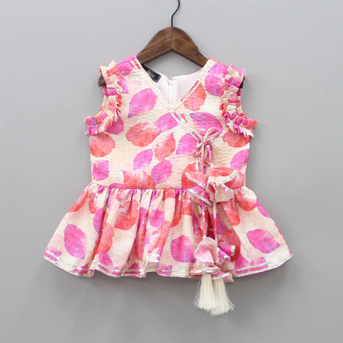 Girls' Pink Floral Rayon Top & Palazzo Set (2–9 Years) – Summer Cotton Outfit with Tassel Detail