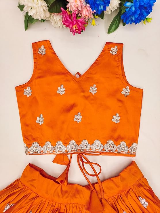 Girls Embroidered Tafetta Silk Full Stitched Lehenga Choli Set | Latest Lehenga Choli | Ethnic Wear | Readymade Traditional Dress For Kids Girls