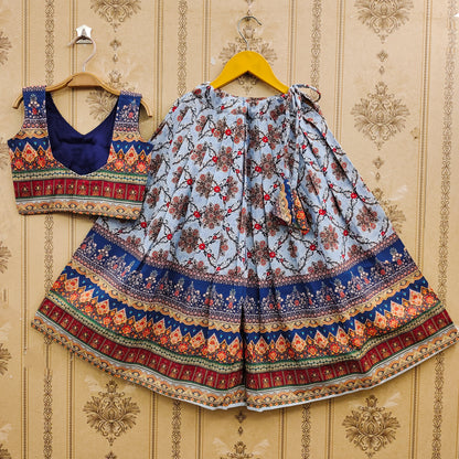 Elegant Ajrakh Blue Kids Lehenga Choli Set – Traditional Festive Wear