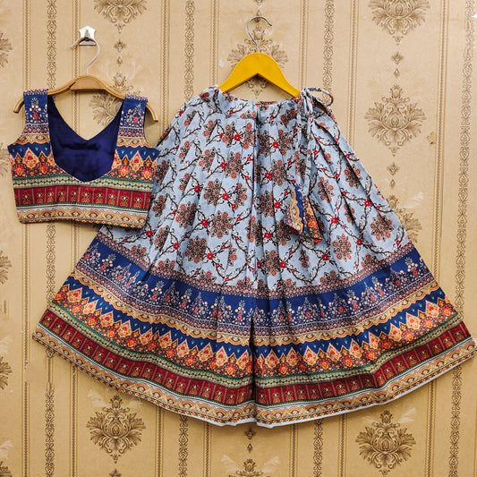 Elegant Ajrakh Blue Kids Lehenga Choli Set – Traditional Festive Wear