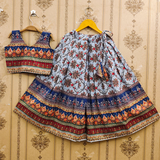 Elegant Ajrakh Blue Kids Lehenga Choli Set – Traditional Festive Wear