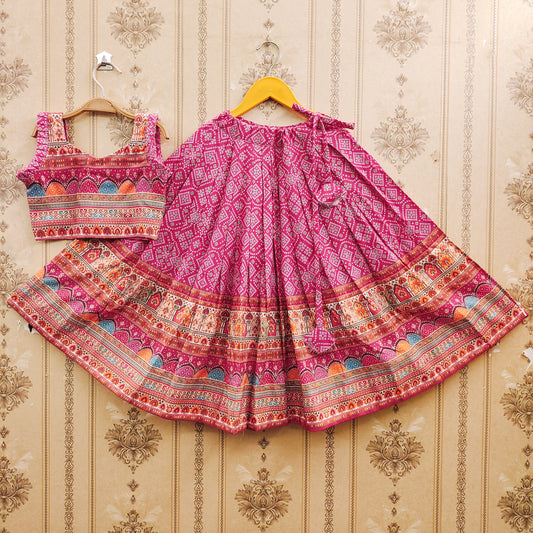 Vibrant Ajrakh Pink Kids Lehenga Choli – Ethnic Charm for Little Divas