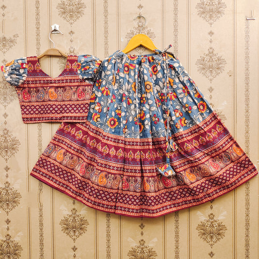 Floral Ajrakh Maroon Kids Lehenga Choli – Boho Ethnic Elegance