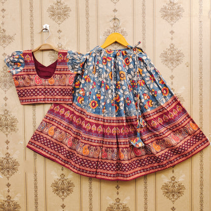 Floral Ajrakh Maroon Kids Lehenga Choli – Boho Ethnic Elegance