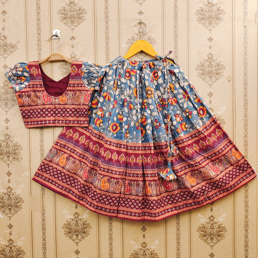 Floral Ajrakh Maroon Kids Lehenga Choli – Boho Ethnic Elegance