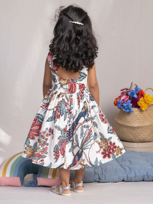 Girls' Cotton Sleeveless Floral Midi Dress – White & Multicolor