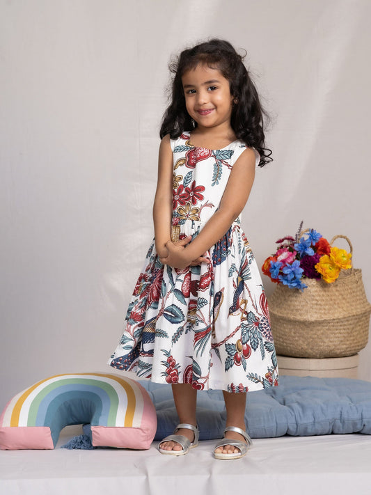 Girls' Cotton Sleeveless Floral Midi Dress – White & Multicolor