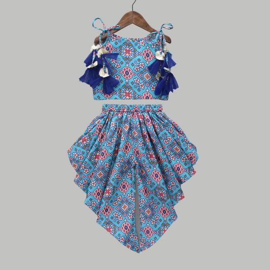 Girls' Blue Ethnic Dhoti Set in Rayon with Tassel Top & Crepe Lining