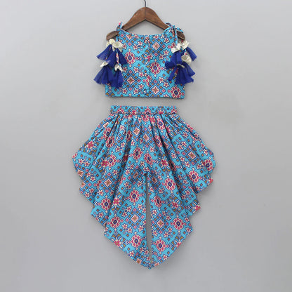 Girls' Blue Ethnic Dhoti Set in Rayon with Tassel Top & Crepe Lining