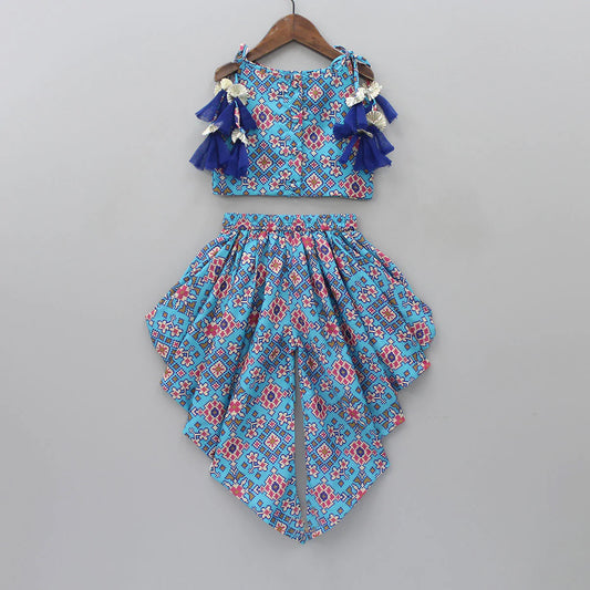Girls' Blue Ethnic Dhoti Set in Rayon with Tassel Top & Crepe Lining