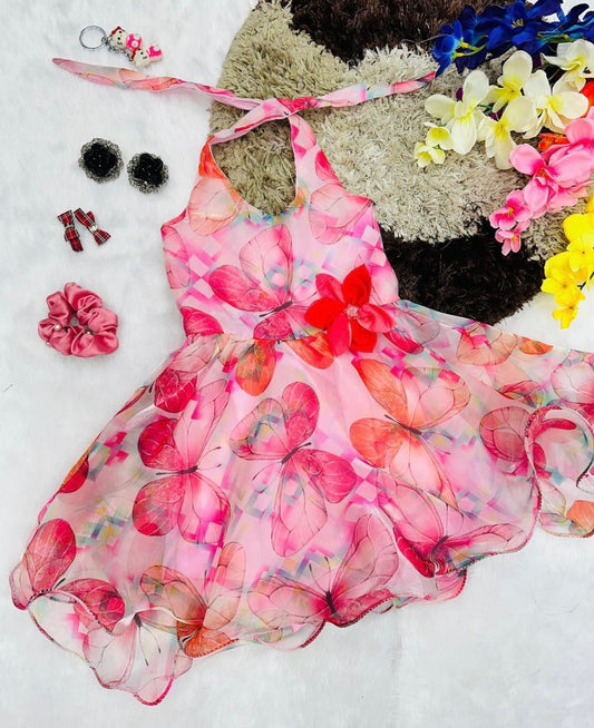 Girls Party Dress – Pink Butterfly Georgette Frock with Floral Waistband (Ages 1-6)