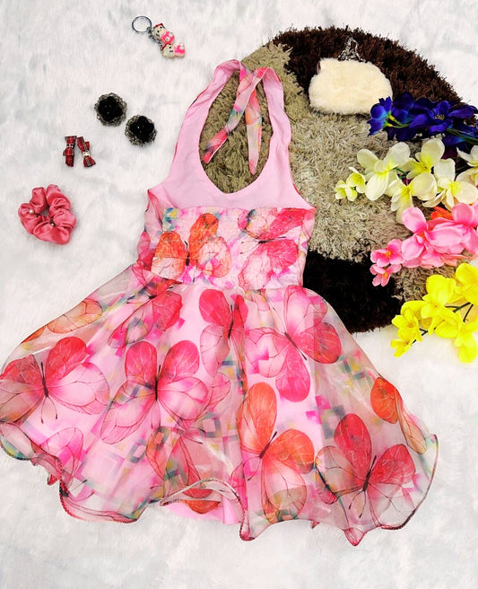 Girls Party Dress – Pink Butterfly Georgette Frock with Floral Waistband (Ages 1-6)