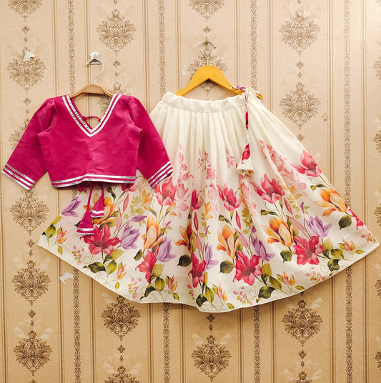 Floral Festive Kids Lehenga Choli Set – Pink | Premium Taffeta Silk & Rayon