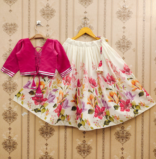 Floral Festive Kids Lehenga Choli Set – Pink | Premium Taffeta Silk & Rayon