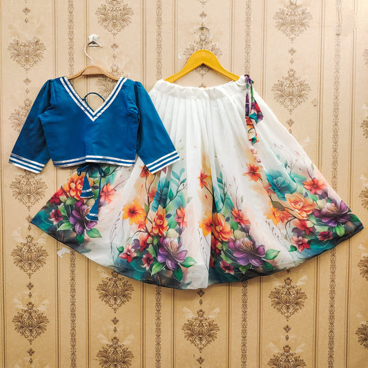 Floral Festive Kids Lehenga Choli Set – Rama | Premium Taffeta Silk & Rayon