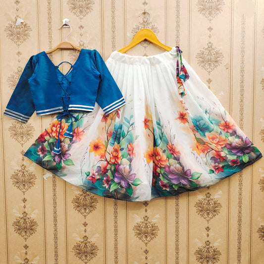 Floral Festive Kids Lehenga Choli Set – Rama | Premium Taffeta Silk & Rayon
