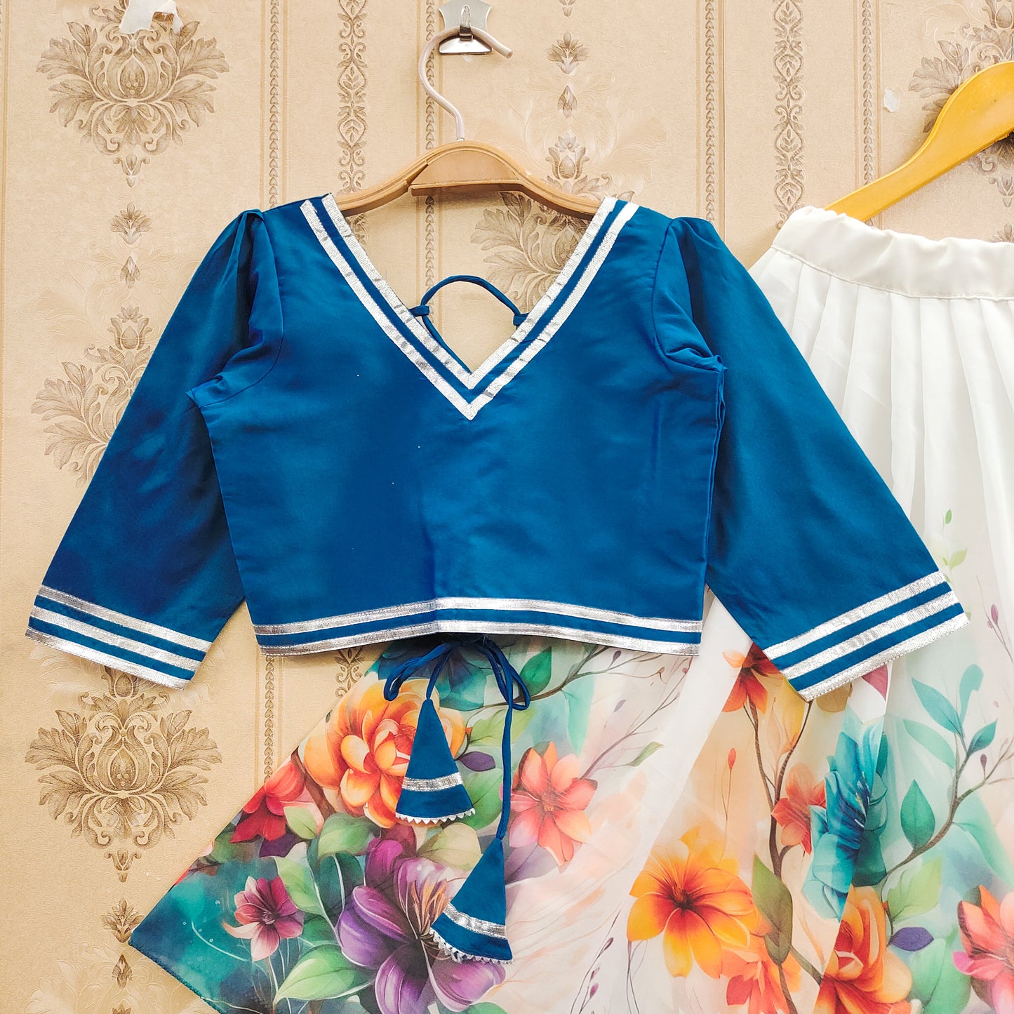 Floral Festive Kids Lehenga Choli Set – Rama | Premium Taffeta Silk & Rayon
