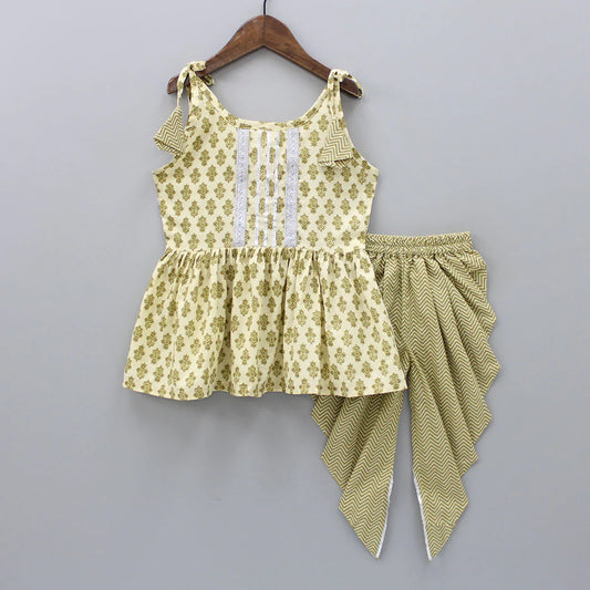 Girls Ethnic Dhoti Style Top & Bottom Set – Green Print Rayon with Crepe Inner (Ages 1–9 Years)