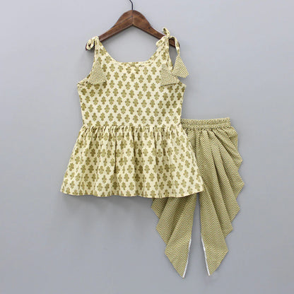 Girls Ethnic Dhoti Style Top & Bottom Set – Green Print Rayon with Crepe Inner (Ages 1–9 Years)