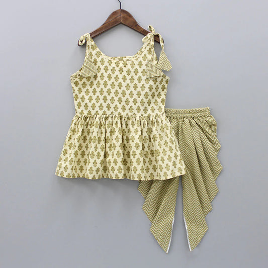 Girls Ethnic Dhoti Style Top & Bottom Set – Green Print Rayon with Crepe Inner (Ages 1–9 Years)