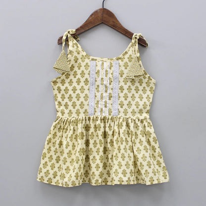 Girls Ethnic Dhoti Style Top & Bottom Set – Green Print Rayon with Crepe Inner (Ages 1–9 Years)