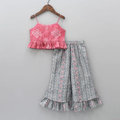 Girls Printed Crop Top & Flared Palazzo Set – Pink & Grey Rayon with Crepe Inner (Ages 1–9 Years)