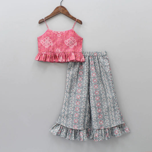 Girls Printed Crop Top & Flared Palazzo Set – Pink & Grey Rayon with Crepe Inner (Ages 1–9 Years)