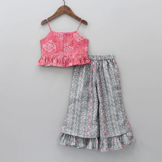 Girls Printed Crop Top & Flared Palazzo Set – Pink & Grey Rayon with Crepe Inner (Ages 1–9 Years)