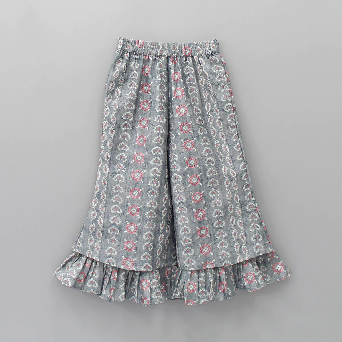Girls Printed Crop Top & Flared Palazzo Set – Pink & Grey Rayon with Crepe Inner (Ages 1–9 Years)