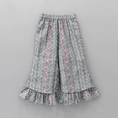 Girls Printed Crop Top & Flared Palazzo Set – Pink & Grey Rayon with Crepe Inner (Ages 1–9 Years)
