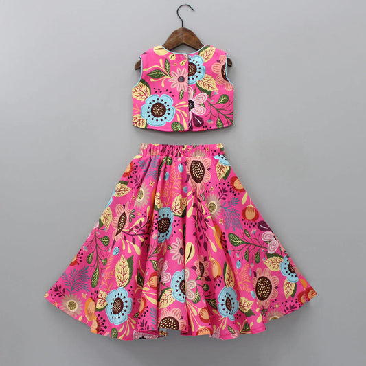 Girl's Multicolour Floral Printed Pink Top And Lehenga Set | Readymade Ethnic Wear | Full Flared Lehenga Choli for Girls