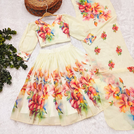 Kids White Georgette Lehenga Choli with Pink Sleeveless Blouse and Floral Print Dupatta