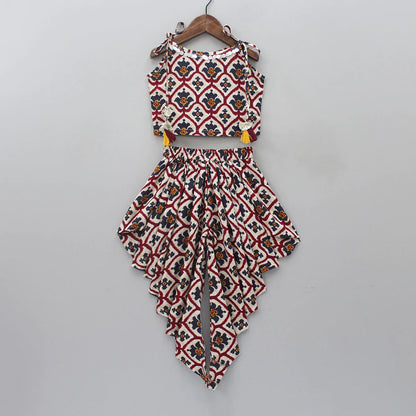 Girls' Cream & Maroon Dhoti Set in Rayon with Tassel Top & Crepe Lining