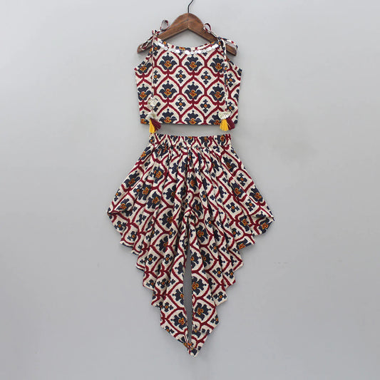 Girls' Cream & Maroon Dhoti Set in Rayon with Tassel Top & Crepe Lining