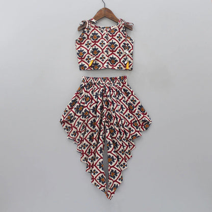 Girls' Cream & Maroon Dhoti Set in Rayon with Tassel Top & Crepe Lining
