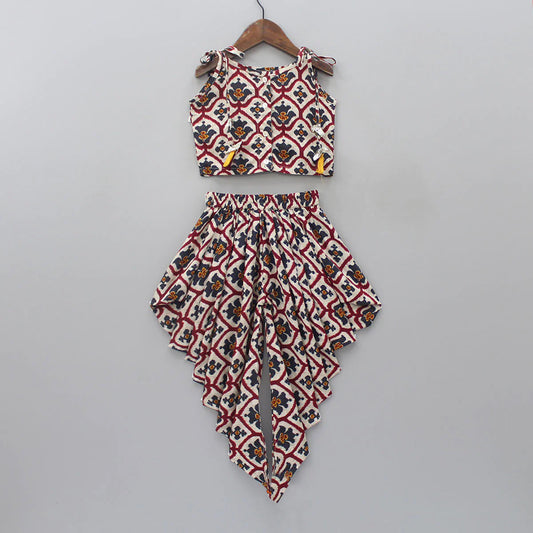 Girls' Cream & Maroon Dhoti Set in Rayon with Tassel Top & Crepe Lining