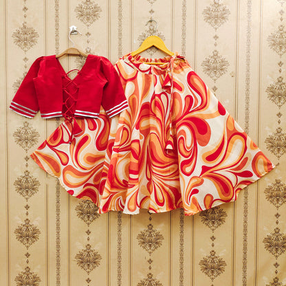 Mithila Girls Red & Orange Swirl Printed Lehenga Choli Set