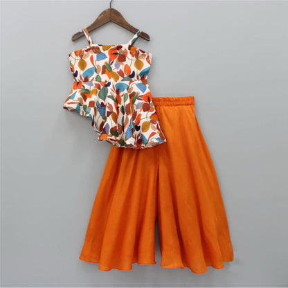 Girls' Summer Top & Palazzo Set (2–9 Years) – Multicolor Printed Rayon Top with Orange Cotton Palazzo